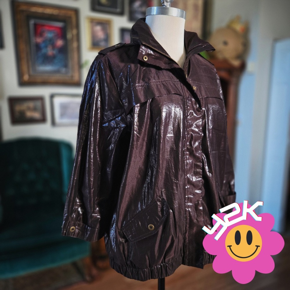 Chico's Windbreaker Jacket Brown Shiny Metallic Vintage‎ Y2K Womens Utility 2 L